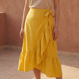 Yellow Cotton Poplin Ruffle Midi Wrap Skirt