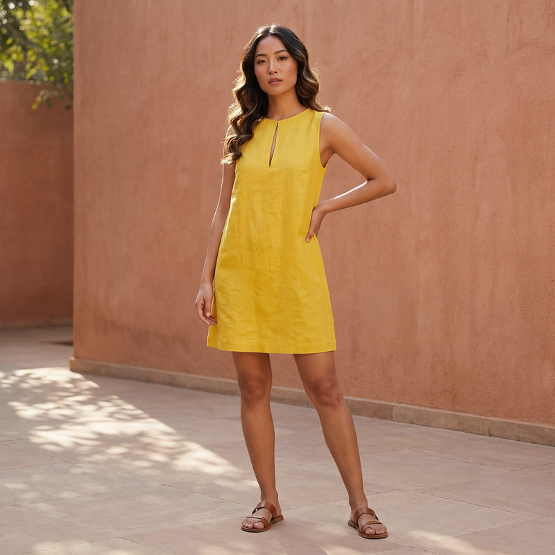 Yellow Cotton Poplin Sleeveless A-Line Short Shift Dress 28