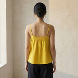 Yellow Cotton Poplin Spaghetti Strap Top with Elastic Gathered Back