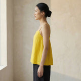 Yellow Cotton Poplin Spaghetti Strap Top with Elastic Gathered Back