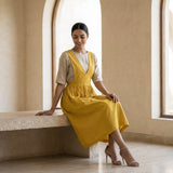 Yellow Cotton Poplin V-Neck Pinafore Midi Wrap Dress
