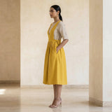 Yellow Cotton Poplin V-Neck Pinafore Midi Wrap Dress