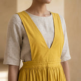 Yellow Cotton Poplin V-Neck Pinafore Midi Wrap Dress