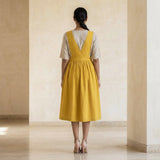 Yellow Cotton Poplin V-Neck Pinafore Midi Wrap Dress