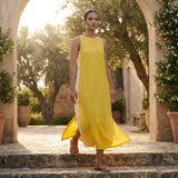 Yellow Cotton Poplin Wavy Stripe Maxi Shift Dress