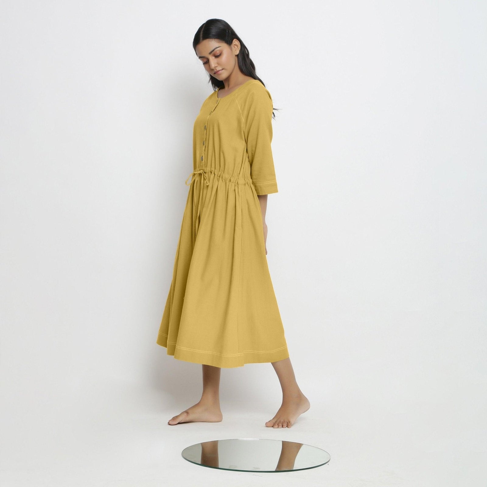 mustard yellow dress with buttons Yellow Cotton Round Neck Button-Down Midi Dress 28
