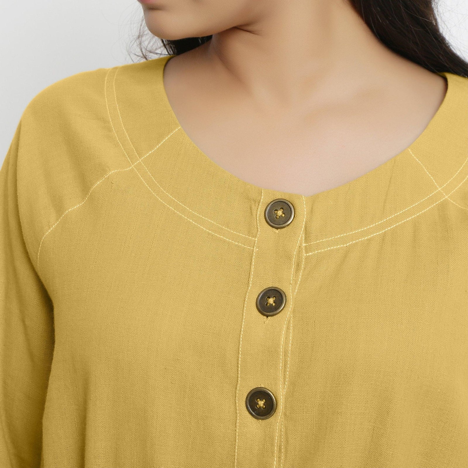 mustard yellow button dress Yellow Cotton Round Neck Button-Down Midi Dress 46