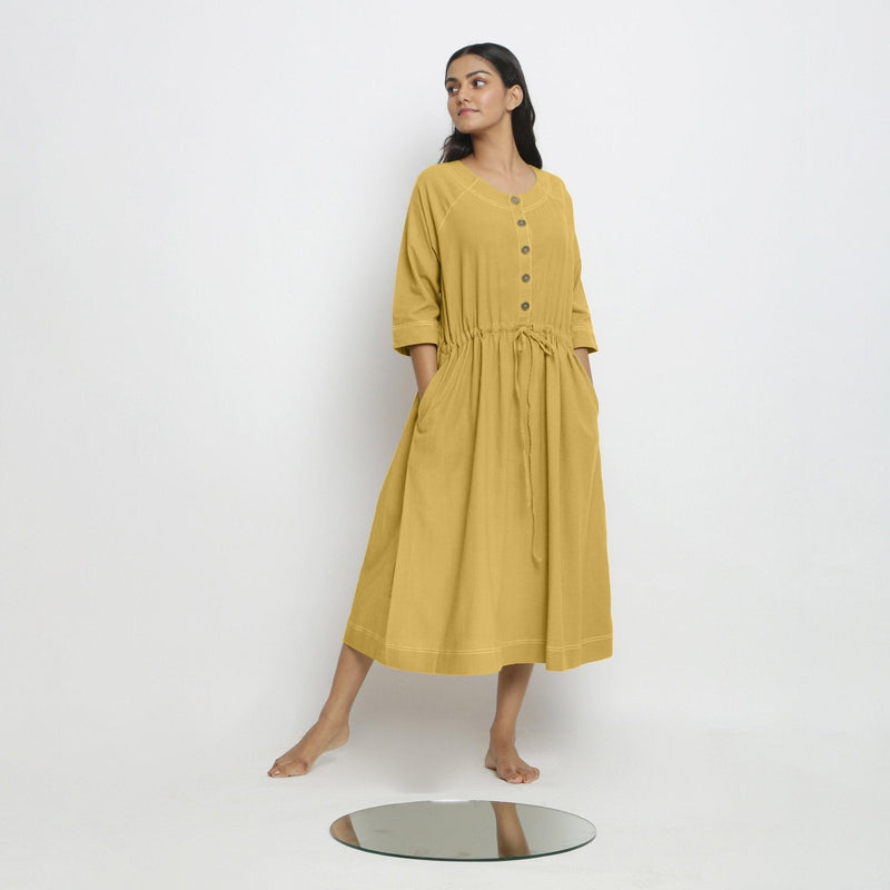 Yellow Cotton Round Neck Button-Down Midi Dress 28" / Tall (5'7" and above) Yellow Cotton Round Neck Button-Down Midi Dress 28" / Tall (5'7" and above)