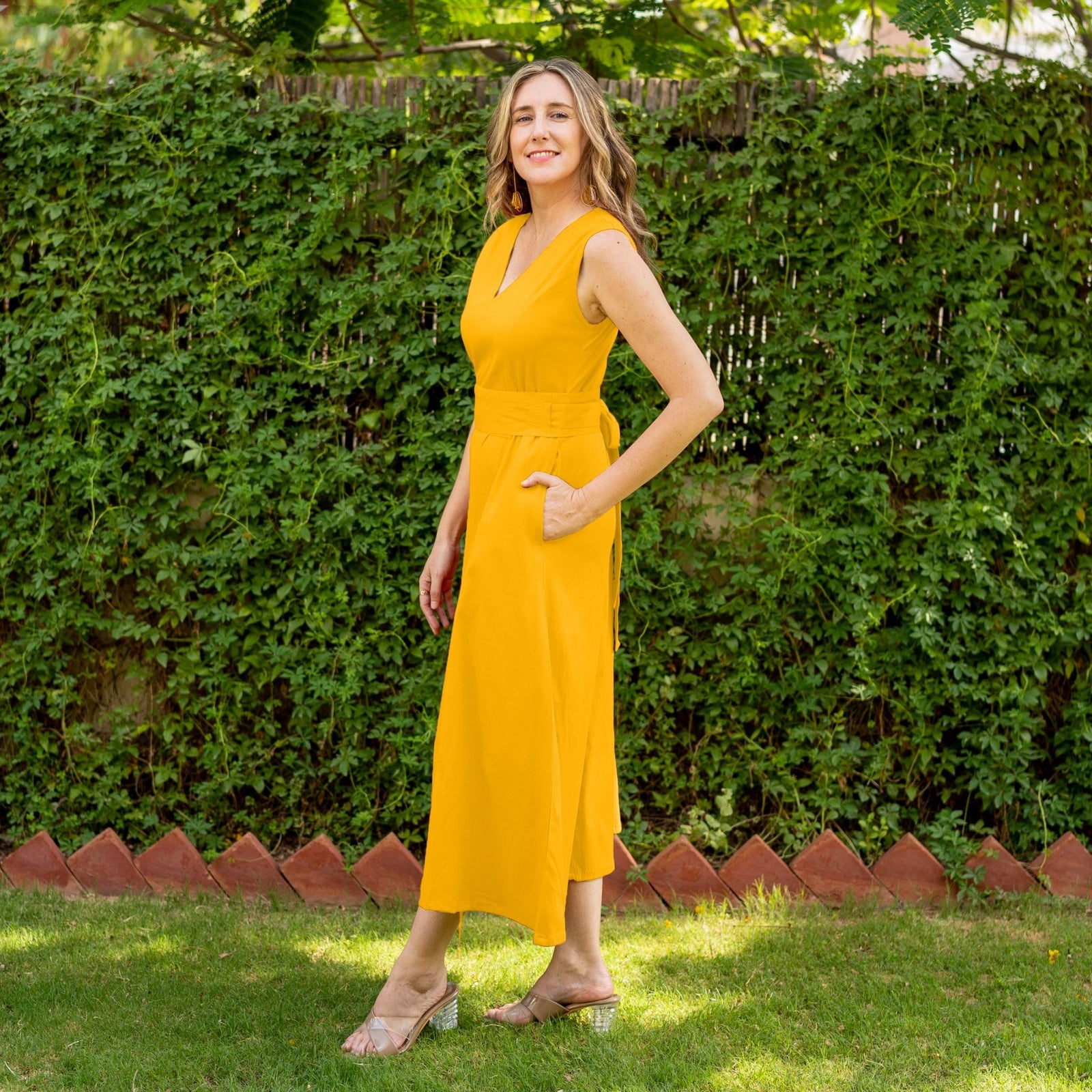 Yellow Cotton V-Neck Sleeveless Maxi Dress 52