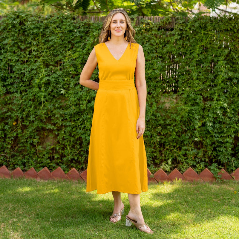 Yellow Cotton V-Neck Sleeveless Maxi Dress 52