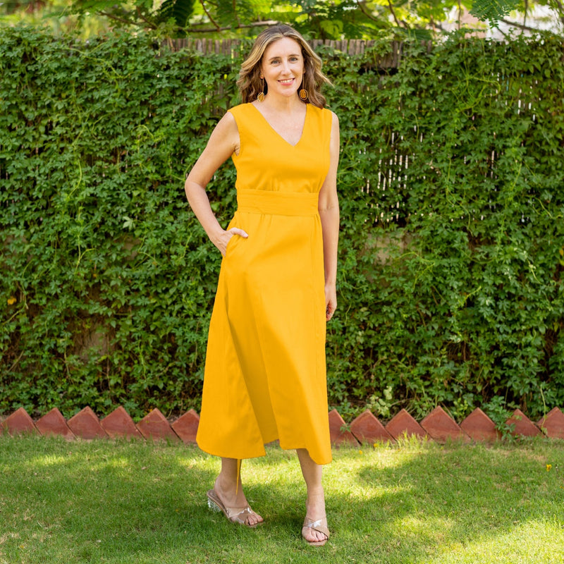 Yellow Cotton V-Neck Sleeveless Maxi Dress 50