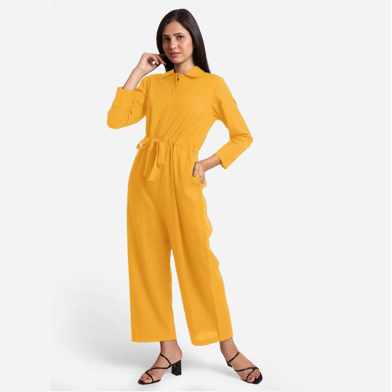 Front View of a Model wearing Yellow Wide Legged Cotton Overall