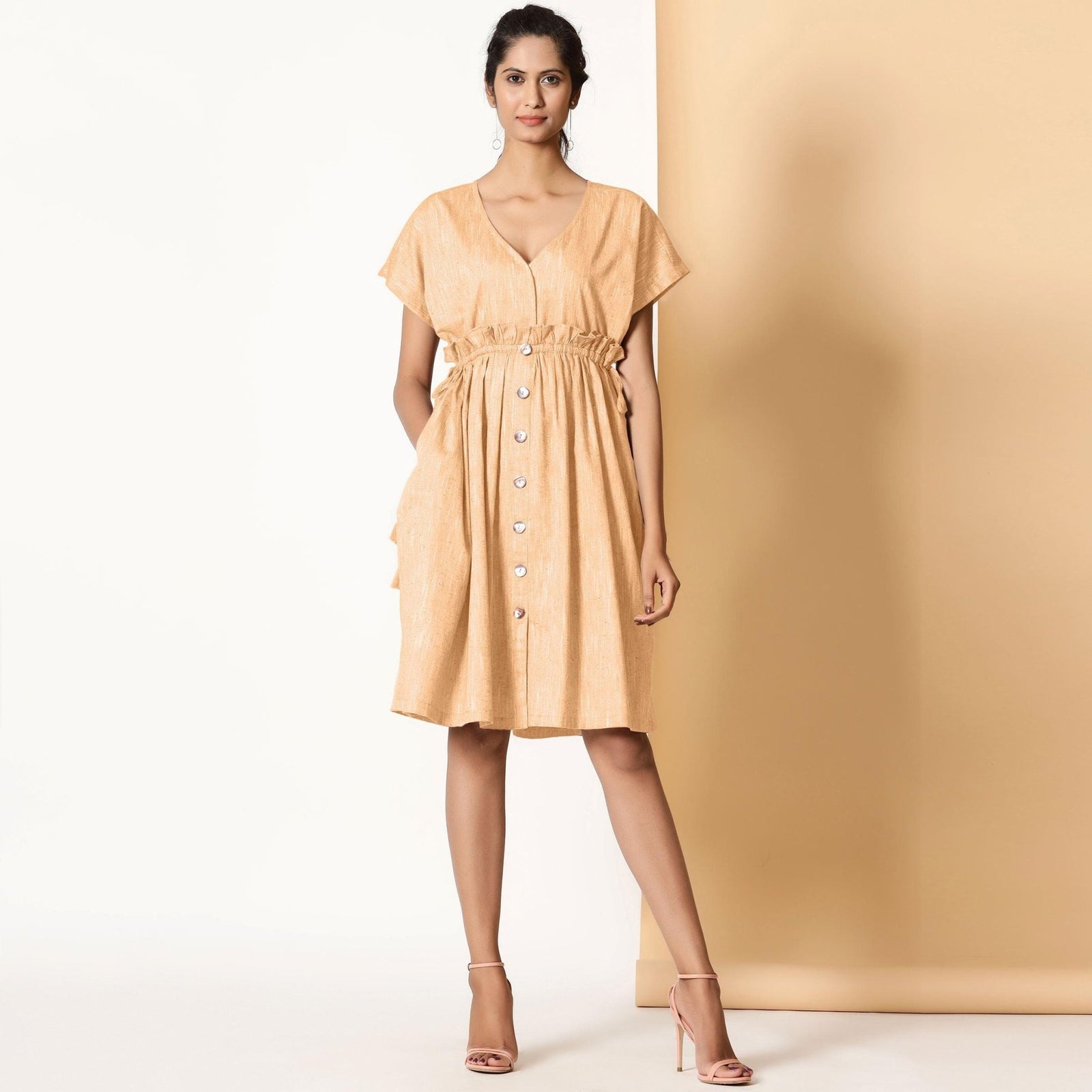 Yellow Frilled Cotton Knee Length Bohemian Dress 40