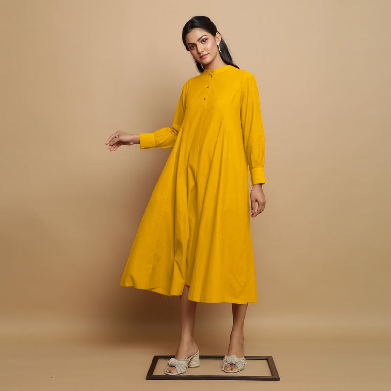 Yellow Hand-Embroidered Cotton Poplin Paneled Midi Dress 36" / Petite (5'1" and below) Yellow Hand-Embroidered Cotton Poplin Paneled Midi Dress 36" / Petite (5'1" and below)