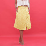 Front View of a Model wearing Yellow Hand Screen Printed A-Line Skirt