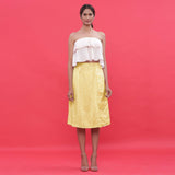 Front View of a Model wearing Yellow Hand Screen Printed A-Line Skirt