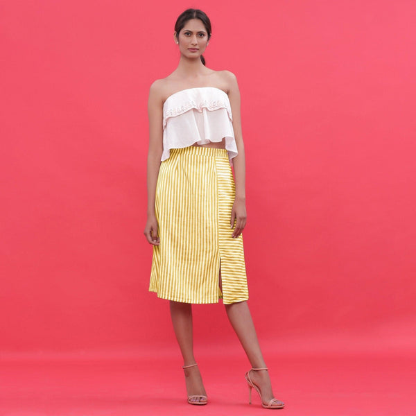 Front View of a Model wearing Yellow Hand Screen Printed A-Line Skirt