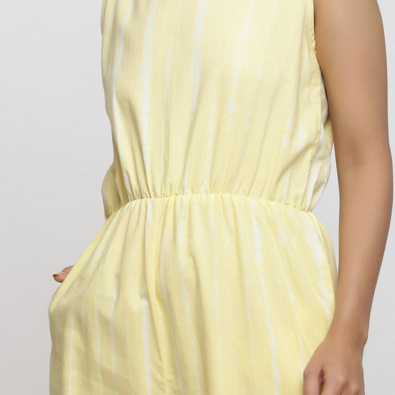 Front Detail of a Model wearing Yellow Hand Tie Dyed Straight Jumpsuit