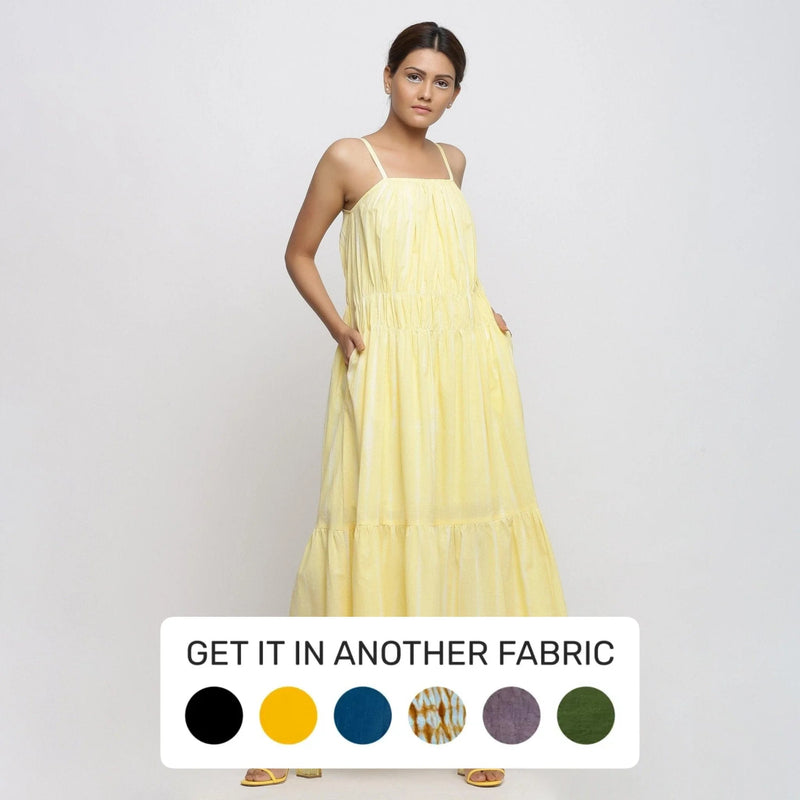 Yellow Hand Tie-Dye Cotton Midi Tiered Dress Yellow Hand Tie-Dye Cotton Midi Tiered Dress
