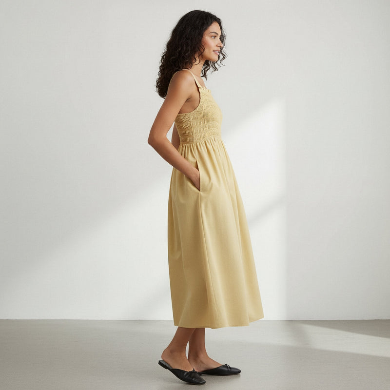 Yellow Handspun Cotton Fit and Flare Midi Dress 34" / Tall (5'7" and above) Yellow Handspun Cotton Fit and Flare Midi Dress 34" / Tall (5'7" and above)
