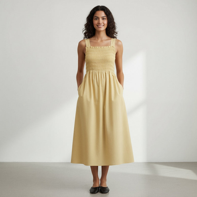 Yellow Handspun Cotton Fit and Flare Midi Dress 34" / Tall (5'7" and above) Yellow Handspun Cotton Fit and Flare Midi Dress 34" / Tall (5'7" and above)