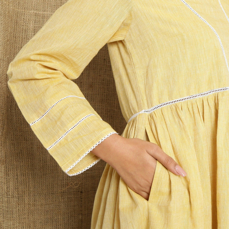 Yellow Handspun Cotton Lace Midi Yoked Dress