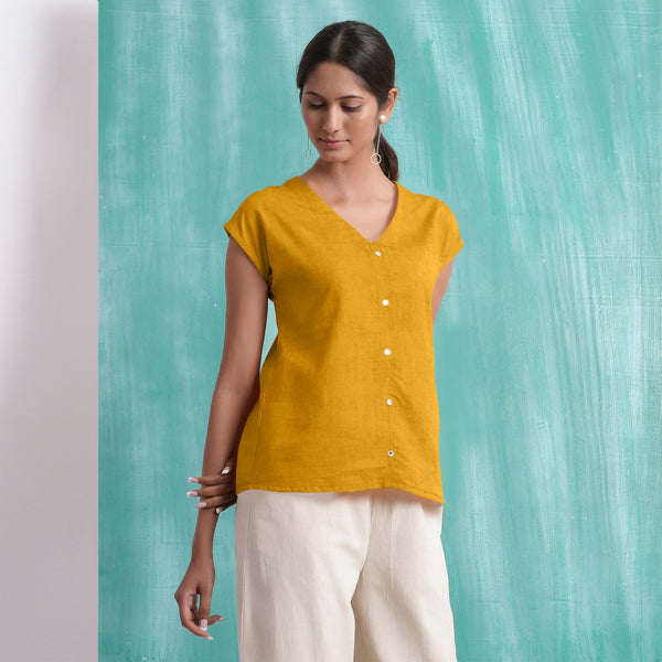 Yellow Mirror Work Cotton Flax Drop Shoulder Top