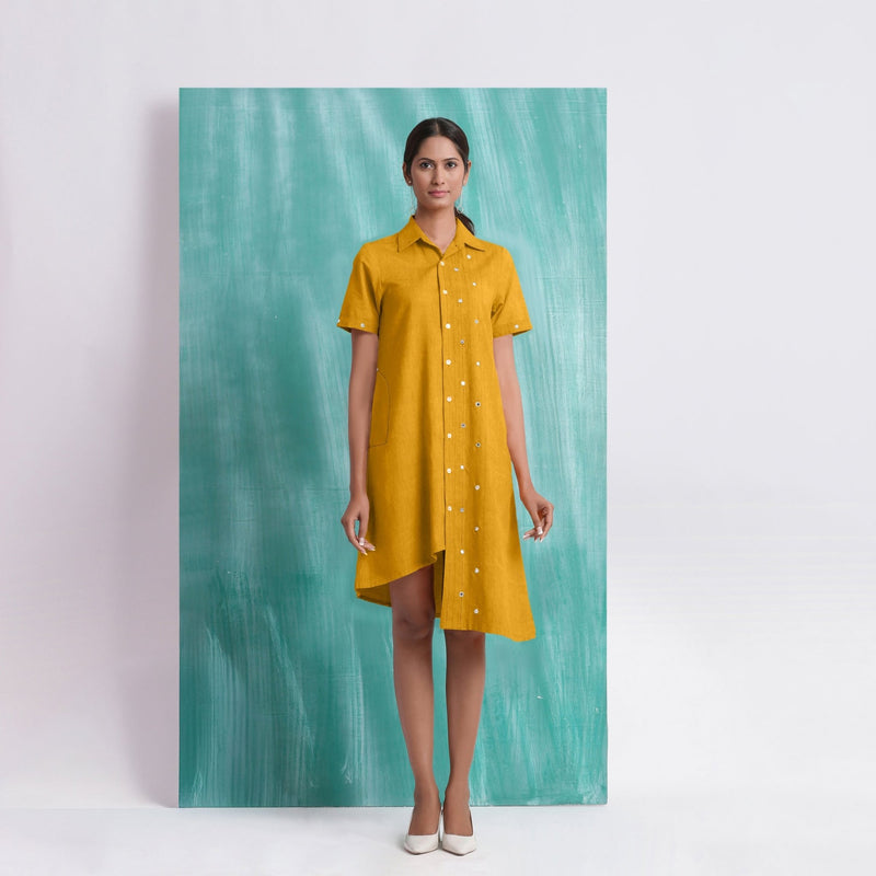 Yellow Mirror Work Cotton Flax Knee Length Asymmetrical Dress