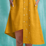 Yellow Mirror Work Cotton Flax Knee Length Asymmetrical Dress