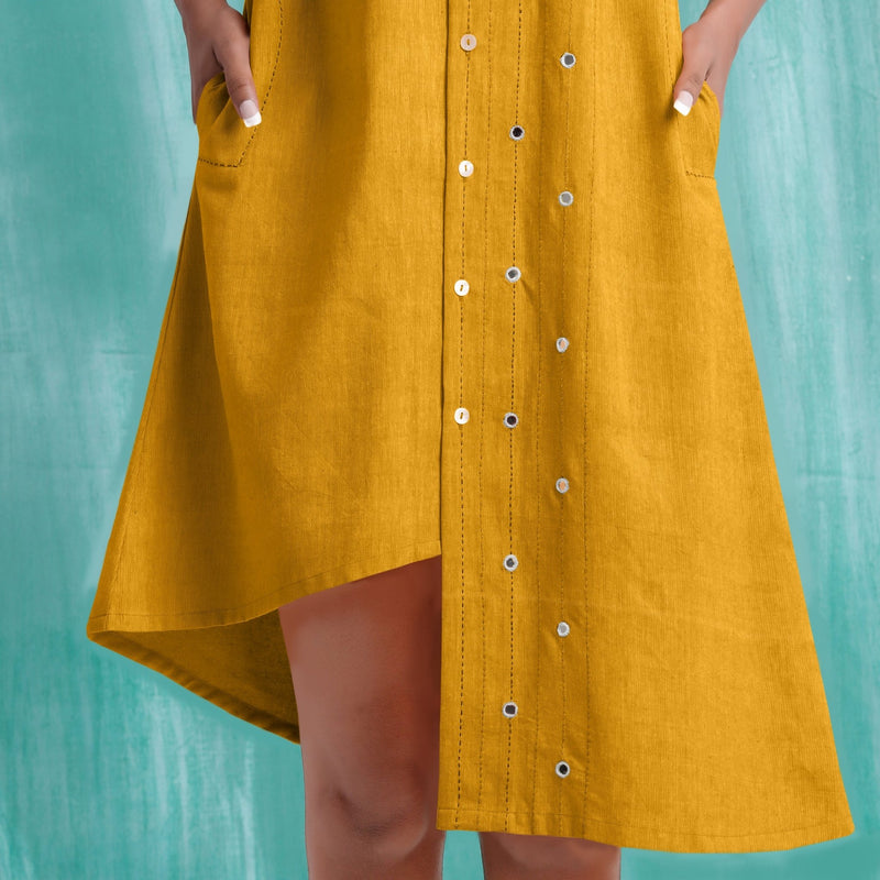Yellow Mirror Work Cotton Flax Knee Length Asymmetrical Dress 44" / Petite (5'1" and below) Yellow Mirror Work Cotton Flax Knee Length Asymmetrical Dress 44" / Petite (5'1" and below)