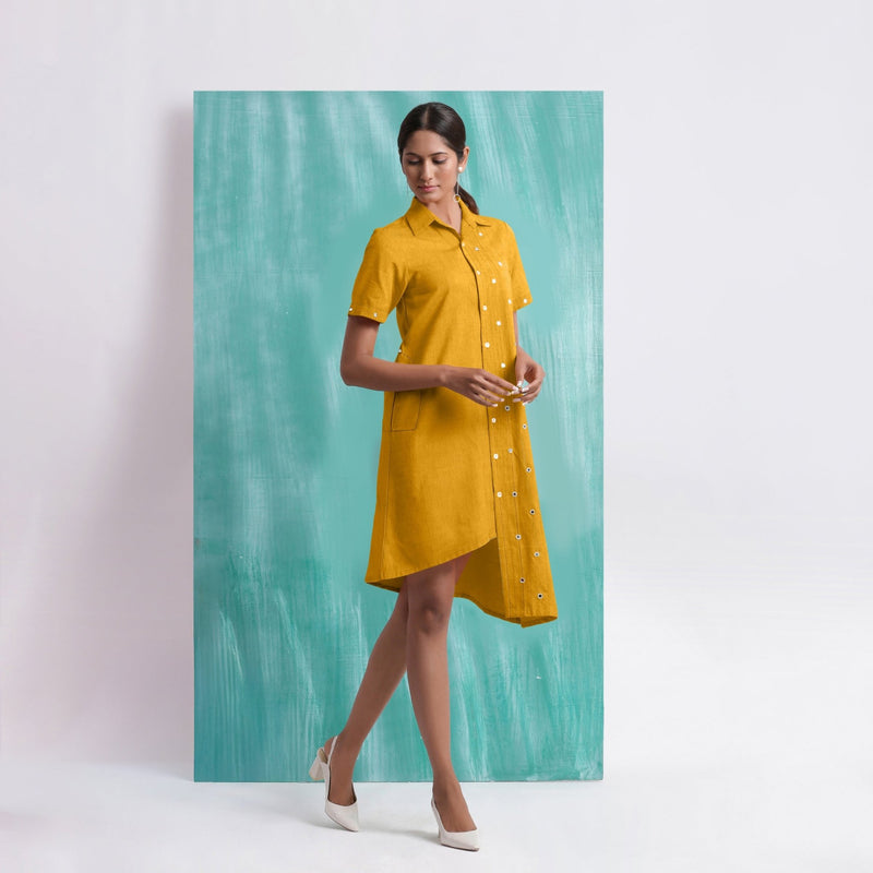Yellow Mirror Work Cotton Flax Knee Length Asymmetrical Dress 36