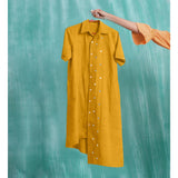 Yellow Mirror Work Cotton Flax Knee Length Asymmetrical Dress