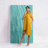 Yellow Mirror Work Cotton Flax Knee Length Asymmetrical Dress