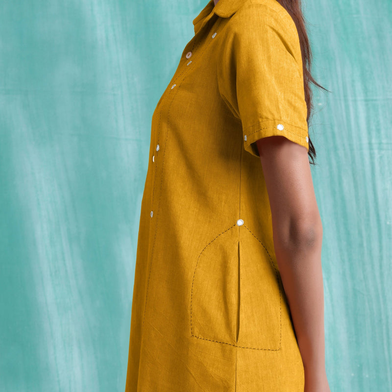 Yellow Mirror Work Cotton Flax Knee Length Asymmetrical Dress