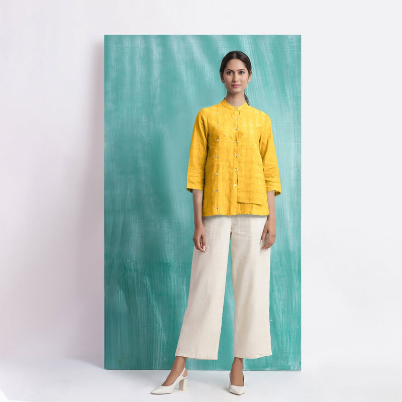 Yellow Mirror Work Cotton Flax Mandarin Collar Top