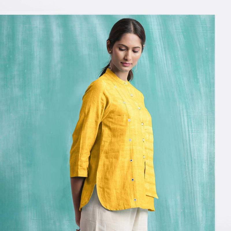 Yellow Mirror Work Cotton Flax Mandarin Collar Top