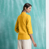 Yellow Mirror Work Cotton Flax Mandarin Collar Top
