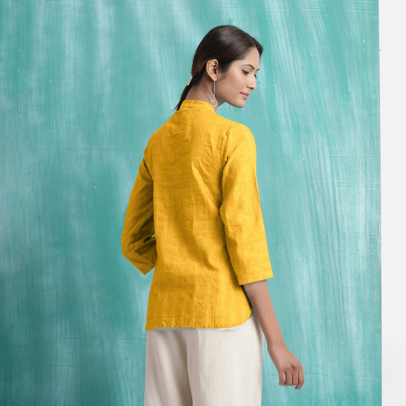 Yellow Mirror Work Cotton Flax Mandarin Collar Top