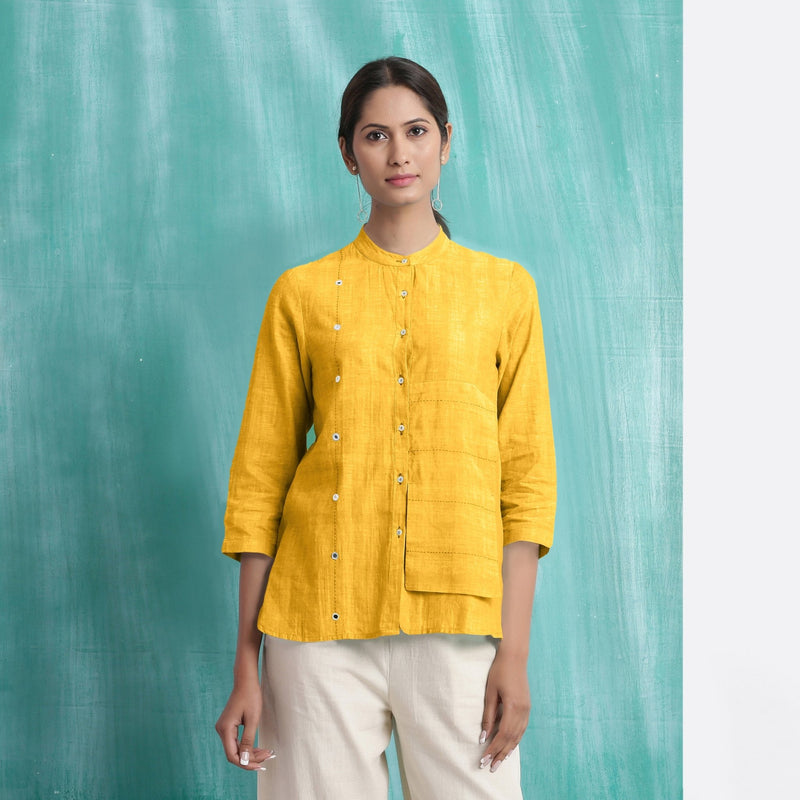 Yellow Mirror Work Cotton Flax Mandarin Collar Top
