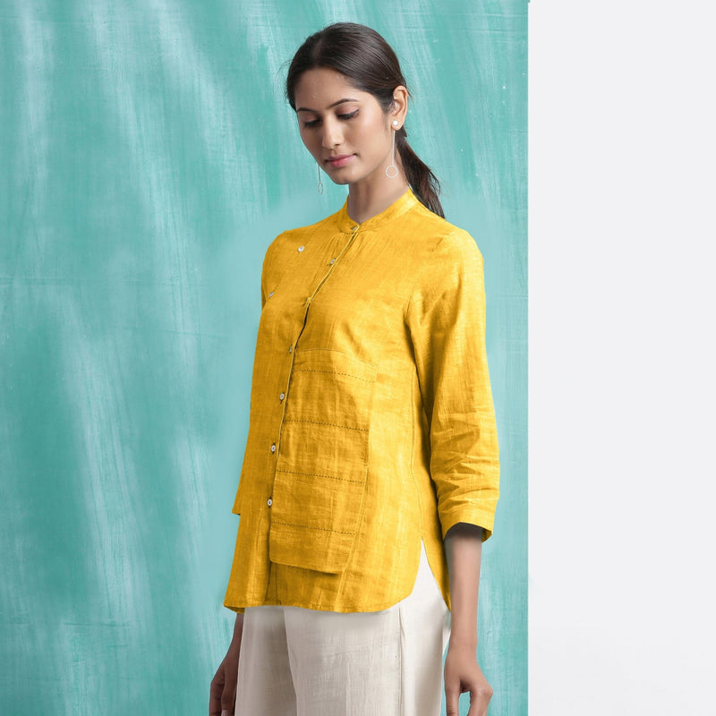Yellow Mirror Work Cotton Flax Mandarin Collar Top