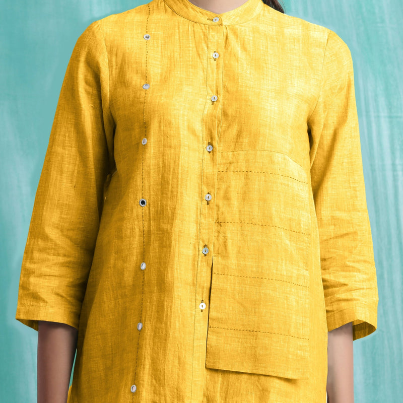 Yellow Mirror Work Cotton Flax Mandarin Collar Top