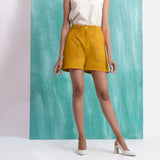 Yellow Mirror Work Cotton Flax Mid-Rise Elasticated Shorts