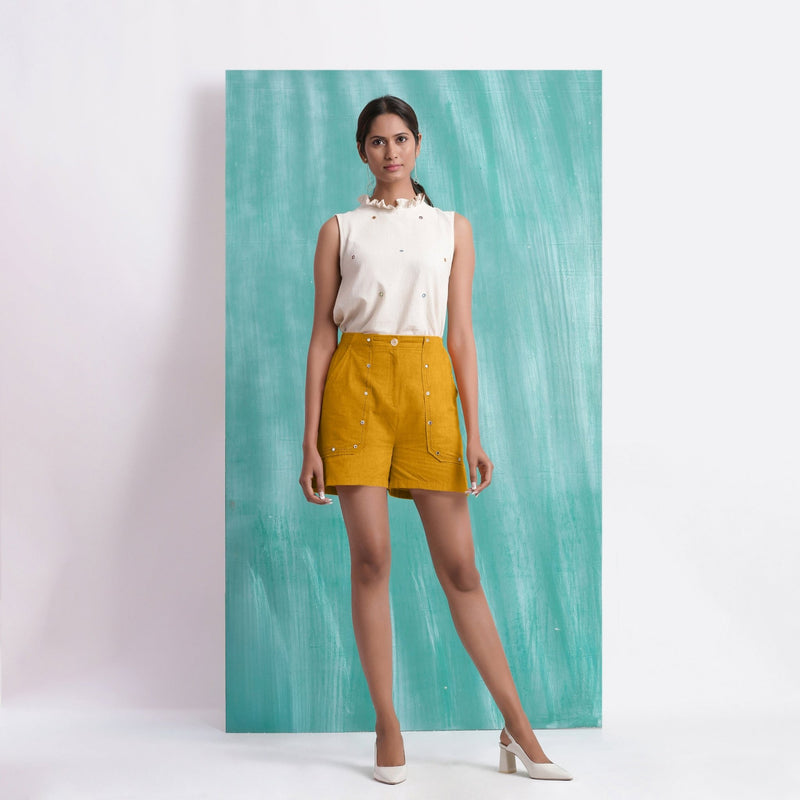 Yellow Mirror Work Cotton Flax Mid-Rise Elasticated Shorts