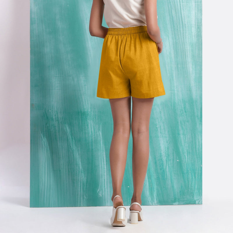 Yellow Mirror Work Cotton Flax Mid-Rise Elasticated Shorts