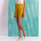 Yellow Mirror Work Cotton Flax Mid-Rise Elasticated Shorts
