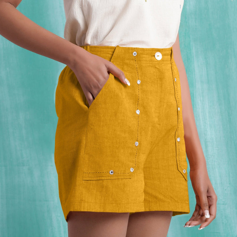 Yellow Mirror Work Cotton Flax Mid-Rise Elasticated Shorts