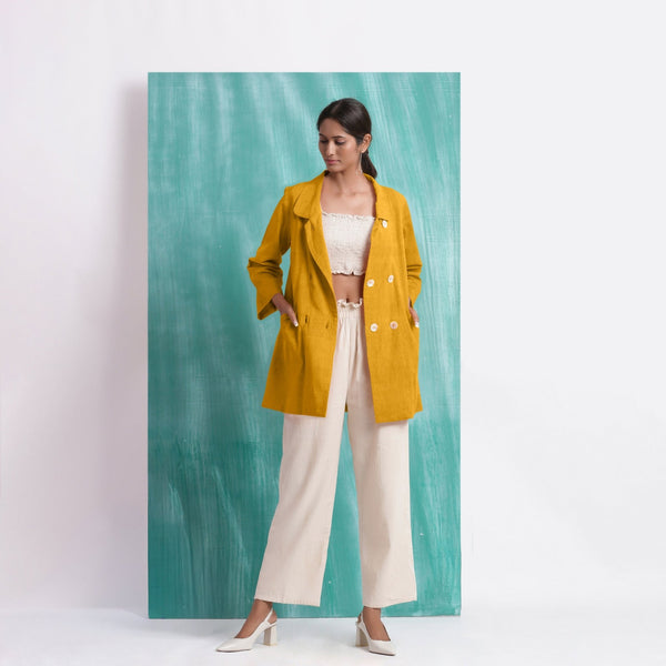 Yellow Mirror Work Cotton Flax Welt Pocket Coat
