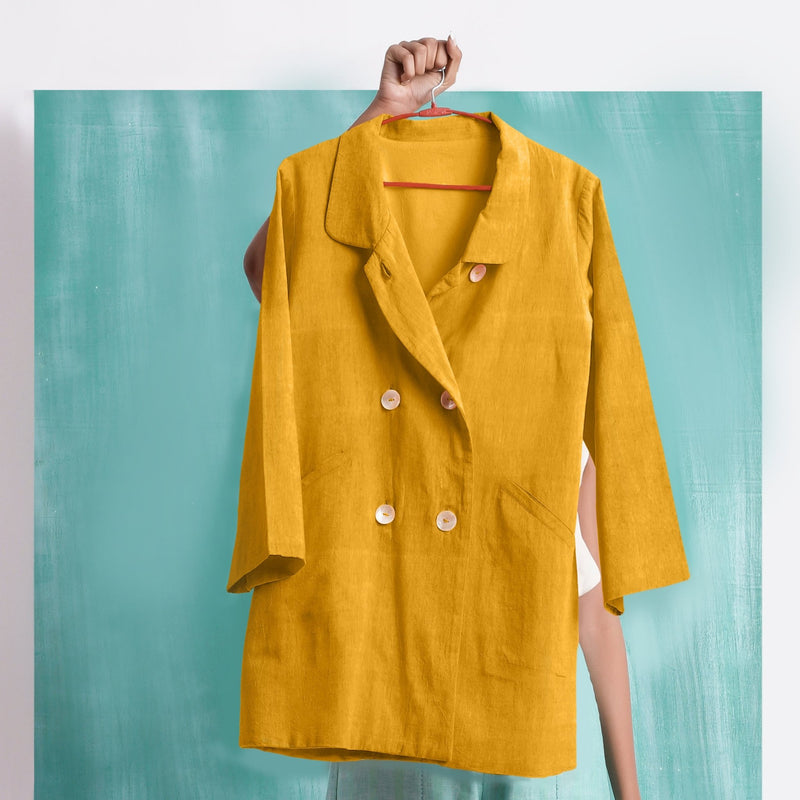 Yellow Mirror Work Cotton Flax Welt Pocket Coat