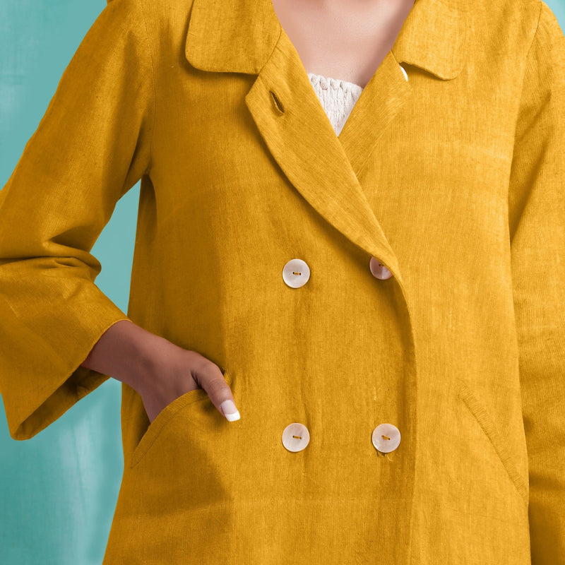 Yellow Mirror Work Cotton Flax Welt Pocket Coat