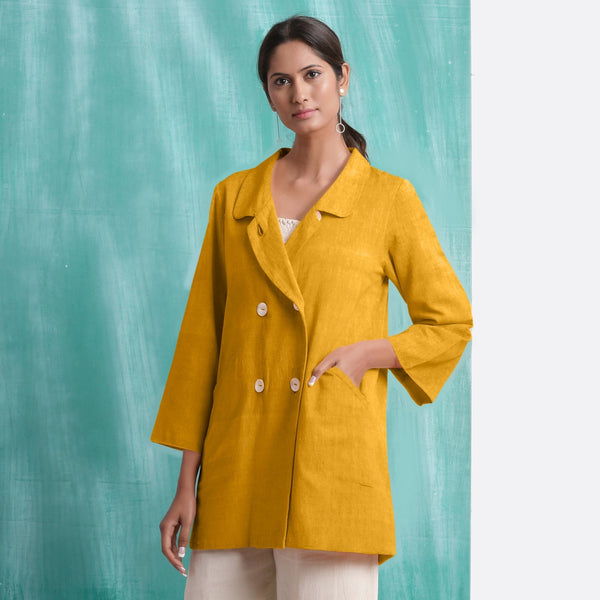 Yellow Mirror Work Cotton Flax Welt Pocket Coat